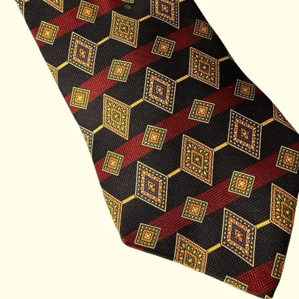 Tommy Hilfiger Tie.Diamond Pattern w/ Red and Blue Stripes.Imported Italian Silk